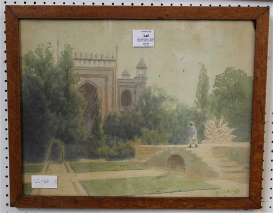 Watercolour of Indian scene of man outside temple - 19thC(-)